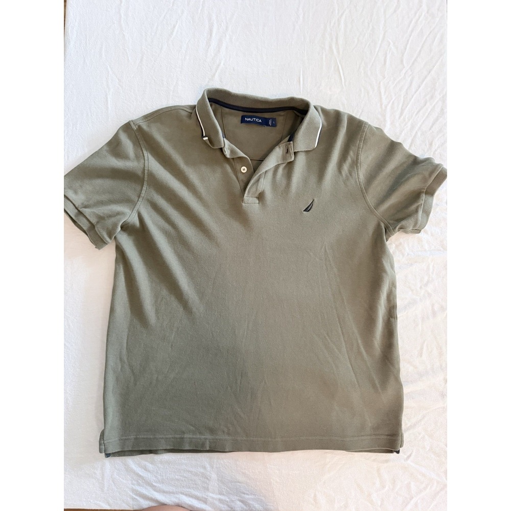 Nautica Men's L Gray Solid Cotton Knit Polo SS Embroidered Logo Button